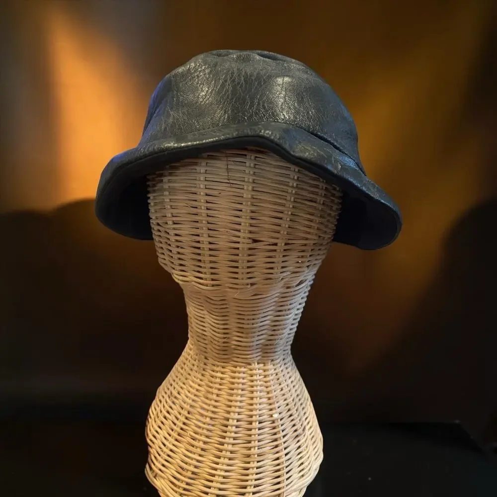 Vintage Black Leather Bucket Hat Women’s Small Soft Genuine Leather Minimalist